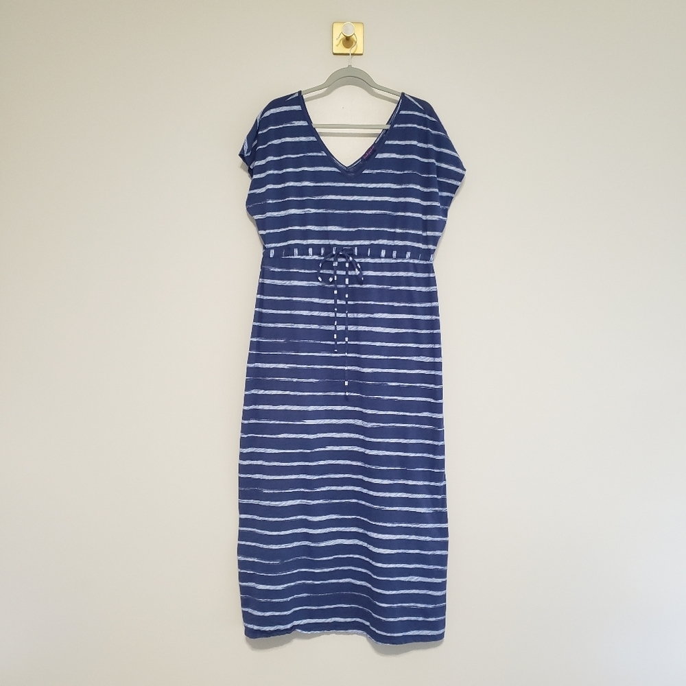 Fresh Produce Moonshade Maxi Dress Large Blue Striped V-Neck 100% Cotton Beach